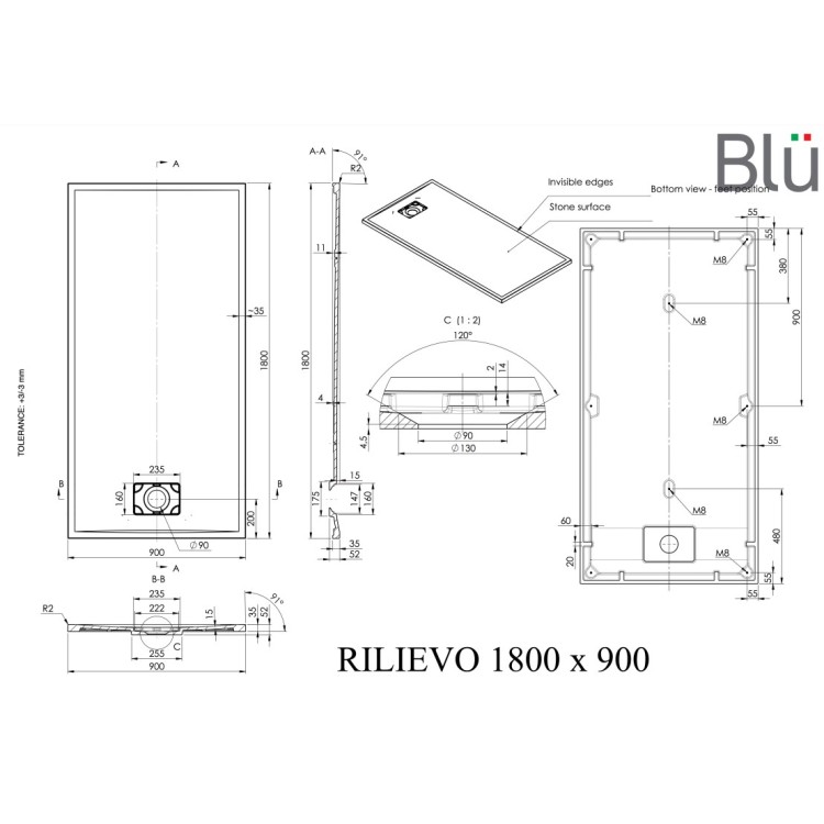 Dušas paliktnis BLU Rilievo Rect 180x90cm Dušas paliktnis BLU Rilievo Rect 180x90cm