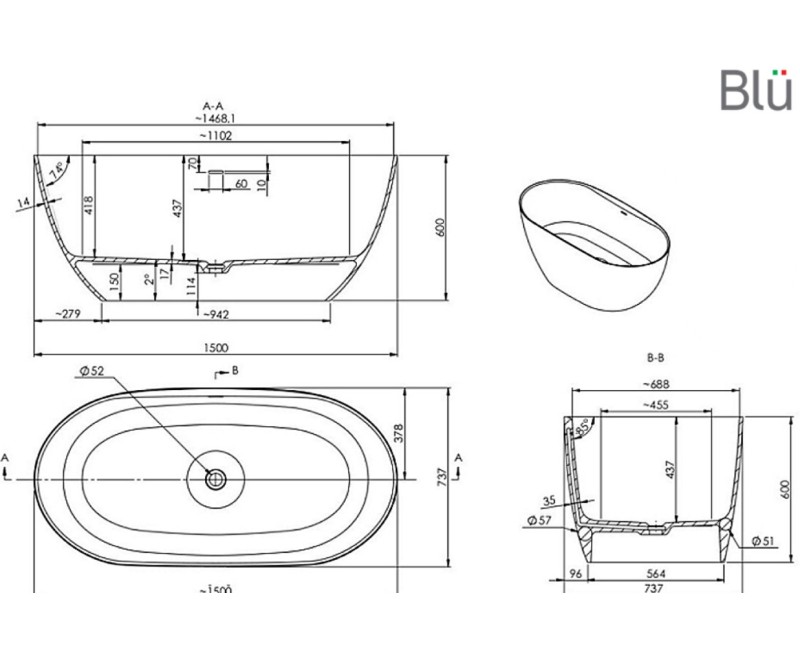 Ванна из каменной массы BLU Blu Ara (с переливом) 150x73см