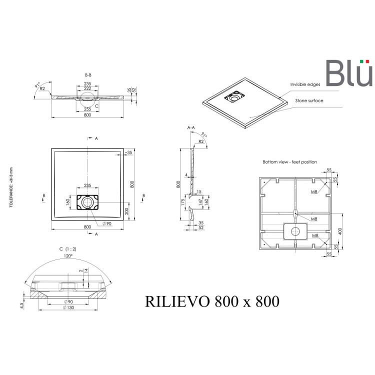 Dušas paliktnis BLU Rilievo Square 80x80cm Dušas paliktnis BLU Rilievo Square 80x80cm