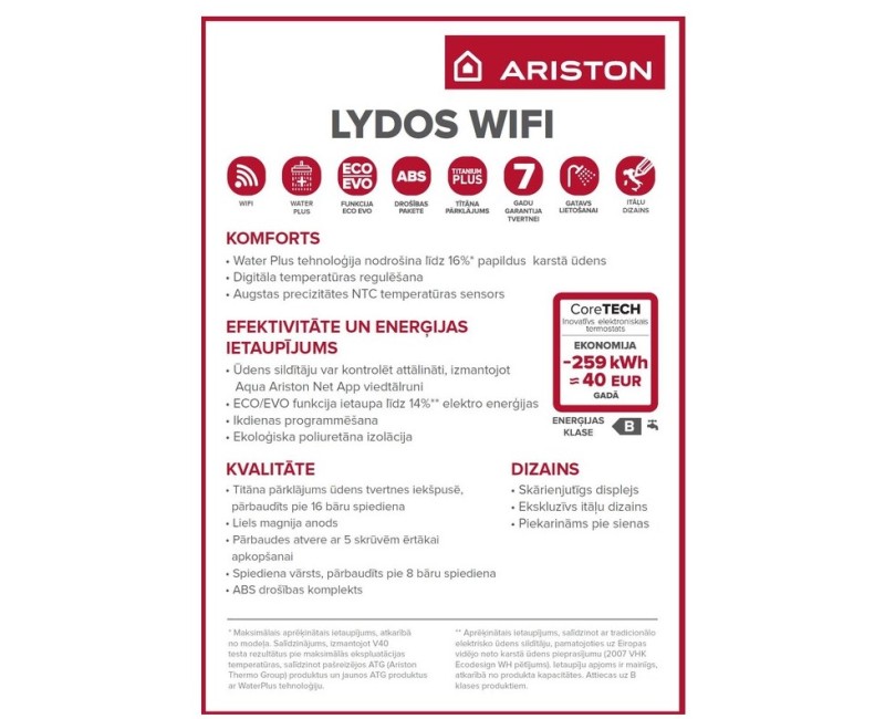 Elektriskais Ūdens Sildītājs (Boilers) Ariston Lydos WIFI 80, Vertikāls, 80l, 1,8kW (3201987) 110410