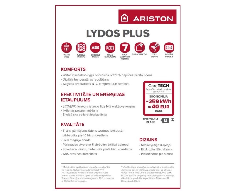 Elektriskais Ūdens Sildītājs (Boilers) ARISTON LYDOS PLUS 80V 1.8kW80L vertikāls (3201870)