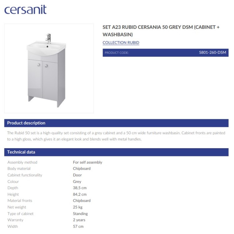 Vannas istabas skapītis Cersanit RUBID ar izlietni Cersania 50 pelēks S801-260-DSM Vannas istabas skapītis Cersanit RUBID ar izlietni Cersania 50 pelēks S801-260-DSM