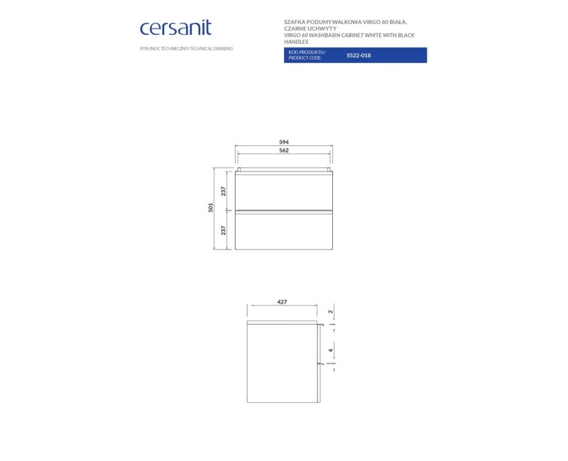 Шкаф для ванной комнаты Cersanit VIRGO с черными ручками 60 S522-018