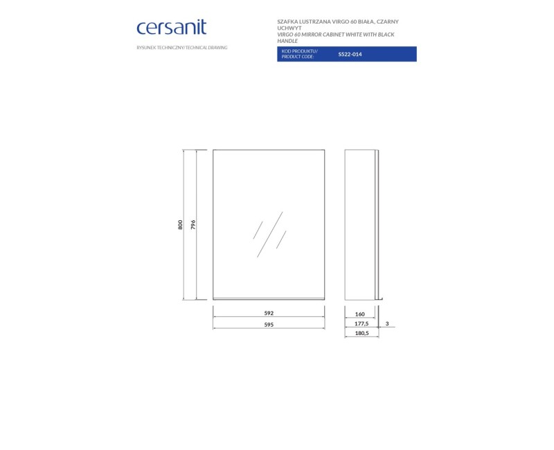 Spogulskapītis Cersanit VIRGO 60 ar melno rokturi S522-014