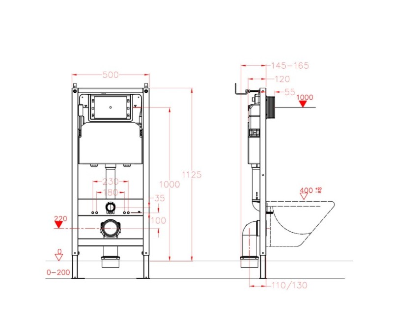 Встраиваемая рама для подвесного унитаза Vento 3 in1 с хромированной кнопкой 500X165mm, h=1125 mm