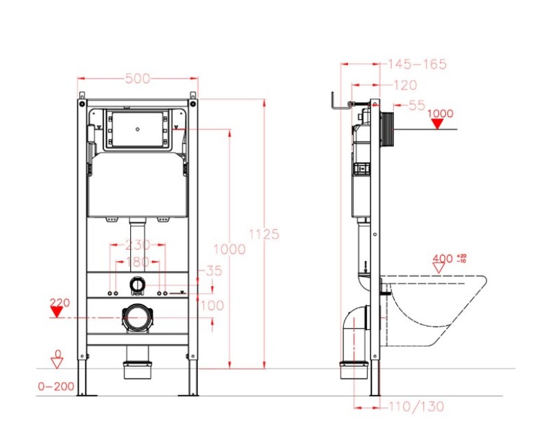 Встраиваемая рама для подвесного унитаза Vento 500X165mm, h=1125 mm
