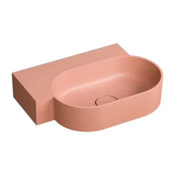Vannas istabas izlietne Omnires OVO M+, montāžai uz virsmas vai pie sienas, kreisās puses, 55,5 × 38,5 cm, bez pārplūdes, matēta koraļļu krāsa OVO555UWLCO