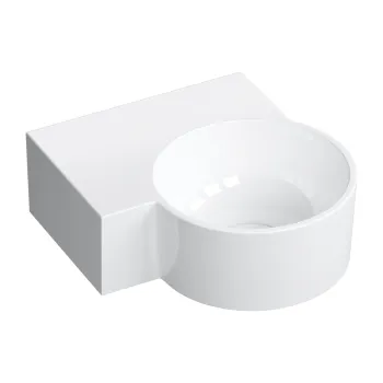 Vannas istabas izlietne Omnires OVO M+, montāžai uz virsmas vai pie sienas, kreisās puses, 33,5 × 34,5 cm, bez pārplūdes, spīdīga balta OVO335UWLBP