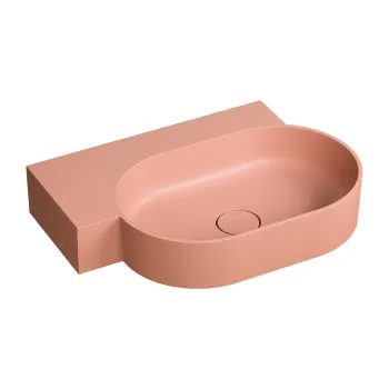 Vannas istabas izlietne Omnires OVO M+, montāžai uz virsmas vai pie sienas, kreisās puses, 64,5 × 44,5 cm, bez pārplūdes, matēta koraļļu krāsa OVO645UWLCO