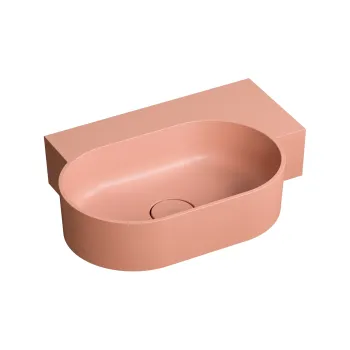 Vannas istabas izlietne Omnires OVO M+, montāžai uz virsmas vai pie sienas, labās puses, 55,5 × 38,5 cm, bez pārplūdes, matēta koraļļu krāsa OVO555UWPCO