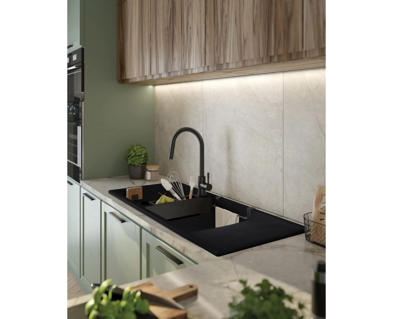 МАГНИТНАЯ МОЙКА С 2 ЧАШАМИ И СУШИЛЬНОЙ ДОСКОЙ, С АРМАТУРОЙ, ГРАНИТ NERO