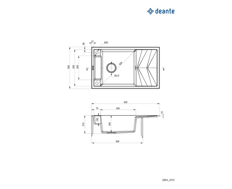 Virtuves izlietne Deante MAGNETIC Granīta 820x500x205mm, ANTHRACITE GRANITE Antracīts