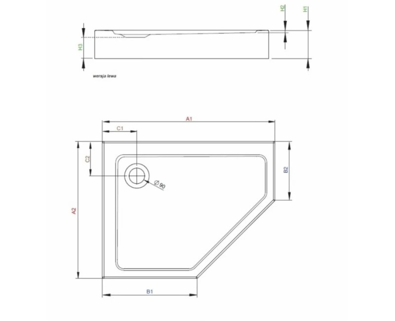 Dušas paliktnis, labais DOROS PT-E piecstūrveida 1000 x 800 mm, balts.