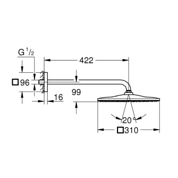 Dušas galva Grohe Rainshower 310 Mono Cube, dušas kronšteins 42 cm, 9.5 l/min, matēta Hard Graphite, 26564AL0 NEW
