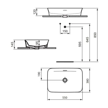 Vannas istabas izlietne Ideal Standard Ipalyss, uz virsmas 55x38 cm, ar pārplūdi, matēta melna, E2078V3
