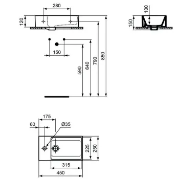 Vannas istabas izlietne Ideal Standard Extra, uz virsmas 45x25 cm, ar pārplūdi, balta, T373301