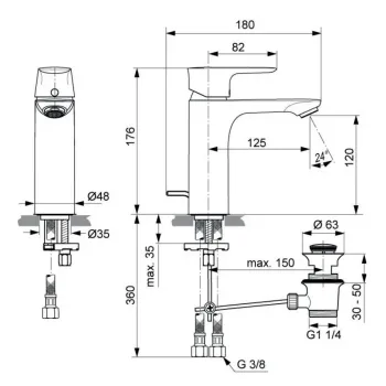 Vannas istabas izlietnes maisītājs Ideal Standard Connect Air, ar vārstu, 176 mm, 125 mm, matēts zelts, A7053A2