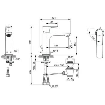 Vannas istabas izlietnes maisītājs Ideal Standard Connect Air, Grande Slim, ar vārstu, 5 l/min, matēta pelēka, A7013A5