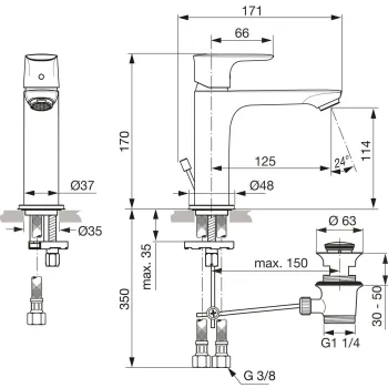 Vannas istabas izlietnes maisītājs Ideal Standard Connect Air, ar vārstu, magnētiskā pelēkā krāsa, A7012A5