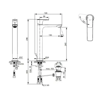 Vannas istabas izlietnes maisītājs Ideal Standard Connect Air, Slim, ar vārstu, 5 l/min, magnētiskā pelēkā, A7026A5