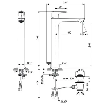Vannas istabas izlietnes maisītājs Ideal Standard Connect Air, ar vārstu, Silver Storm, A7025GN