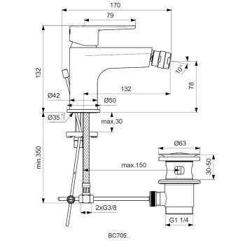 Bidē maisītājs Ideal Standard Cerafine O, ar vārstu, matēta melna, BC705XG