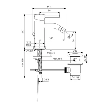 Bidē maisītājs Ideal Standard CeraLine, ar vārstu, matēta melna, BC197XG
