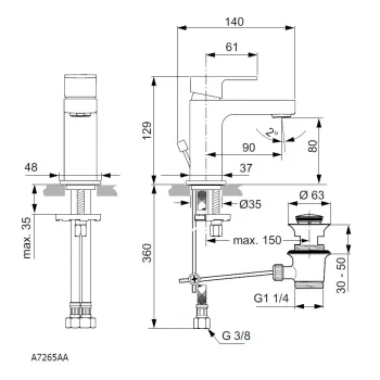 Vannas istabas izlietnes maisītājs Ideal Standard Edge, Slim Piccolo, hroms, A7265AA