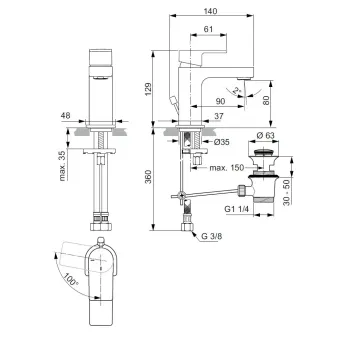 Vannas istabas izlietnes maisītājs Ideal Standard Edge, Slim Piccolo, ar vārstu, 90 mm, 5 l/min, hroms, A7267AA