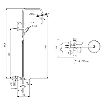 Dušas komplekts Ideal Standard Cerafine O, ar vannas maisītāju, 20 cm, hroms, BC525AA