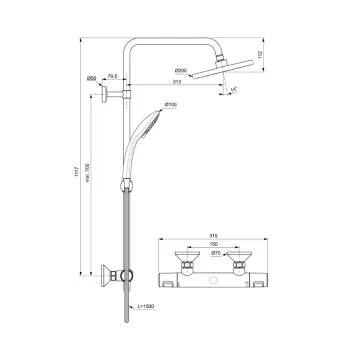 Dušas komplekts Ideal Standard Ceratherm T25, ar termostatu, 20 cm, hroms, A7209AA