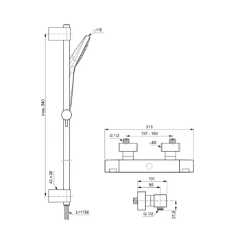 Dušas komplekts Ideal Standard Ceratherm C100, ar termostatu, 3 režīmi, hroms, A7536AA