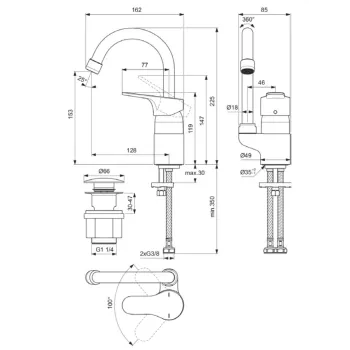 Vannas Istabas Izlietnes maisītājs Ideal Standard Cerabase, ar Click-Clack vārstu, 162x225x85 mm, hroms, BC835AA