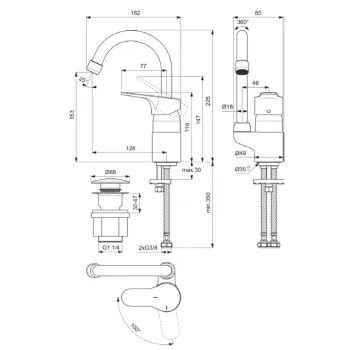Vannas Istabas Izlietnes maisītājs Ideal Standard Cerabase, ar Click-Clack vārstu, 162x225x85 mm, hroms, BC837AA
