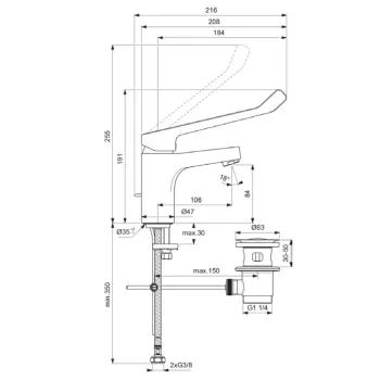 Vannas Istabas Izlietnes maisītājs Ideal Standard Cerabase, ar medicīnisko paku, 106 mm, 255 mm, hroms, BD061AA