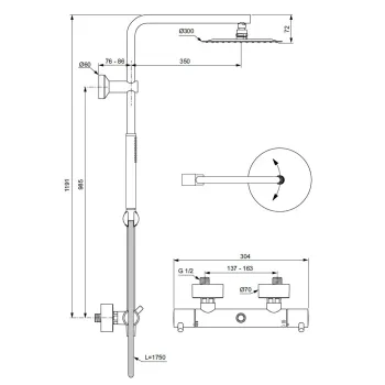 Dušas komplekts Ideal Standard CeraTherm, ar termostatu, 30 cm, matēta melna, A7589XG