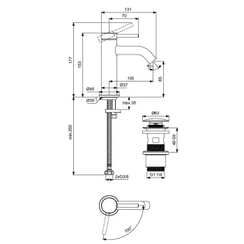 Vannas istabas izlietnes maisītājs Ideal Standard Ceraline Nuovo, ar ClickClack vārstu, 153 mm, hēlija melns, BD759XG