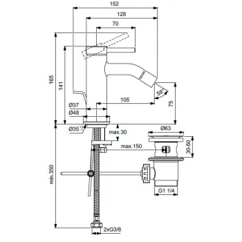 Bidē maisītājs Ideal Standard Ceraline Nuovo, ar vārstu, matēts melns, BD765XG