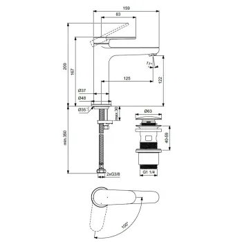 Vannas istabas izlietnes maisītājs Ideal Standard Cerafine Nuovo, ar ClickClack vārstu, BlueStart, 167 mm, hēdvēbā melnā, BD772XG