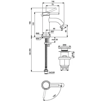 Vannas istabas izlietnes maisītājs Ideal Standard Ceraline Nuovo, ar ClickClack vārstu, 90 mm, hroms, BD958AA