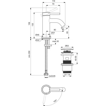 Vannas istabas izlietnes maisītājs Ideal Standard Ceraline Nuovo, ar ClickClack vārstu, 133 mm, h65, matēna melna, BD958XG