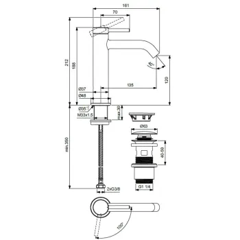 Vannas istabas izlietnes maisītājs Ideal Standard Ceraline Nuovo, ar ClickClack vārstu, 188 mm, hēlija melns, BD959XG