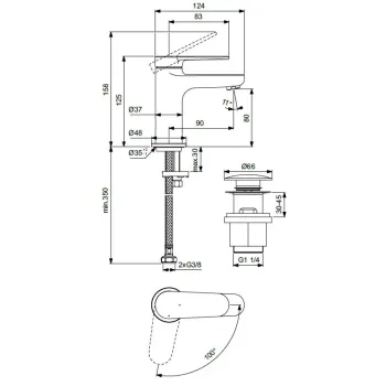 Vannas istabas izlietnes maisītājs Ideal Standard Cerafine Nuovo, ar ClickClack vārstu, 125 mm, hroms, BD964AA