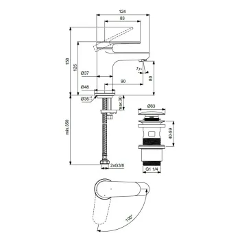 Vannas istabas izlietnes maisītājs Ideal Standard Cerafine Nuovo, ar ClickClack vārstu, 125 mm, hēlija melns, BD964XG