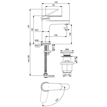 Vannas istabas izlietnes maisītājs Ideal Standard Cerafine Nuovo, ar ClickClack vārstu, 145 mm, hroms, BD965AA