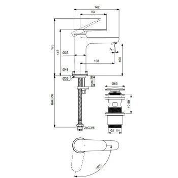 Vannas istabas izlietnes maisītājs Ideal Standard Cerafine Nuovo, ar ClickClack vārstu, 145 mm, hēlija melns, BD965XG