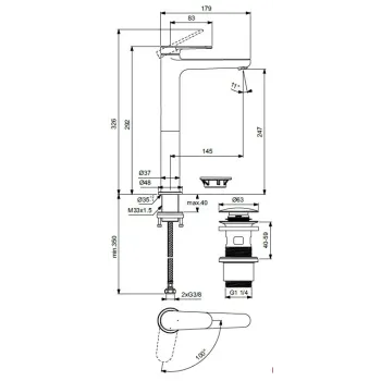 Vannas istabas izlietnes maisītājs Ideal Standard Cerafine Nuovo, ar ClickClack vārstu, BlueStart, 292 mm, 3, 8 l/min, matēna melna, BD966XG