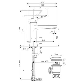 Vannas istabas izlietnes maisītājs Ideal Standard La Dolce Vita, ar vārstu, 178 mm, 118 mm, matēta zelta, BD653A2