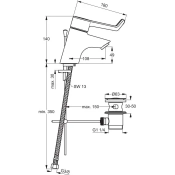 Vannas istabas izlietnes maisītājs Ideal Standard CeraPlus, ar PopUp vārstu, 180 mm, hroms, B8219AA