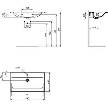Izlietne skapītim Ideal Standard Connect Air, ar pārplūdi, 84x46x17 cm, balts, E027901